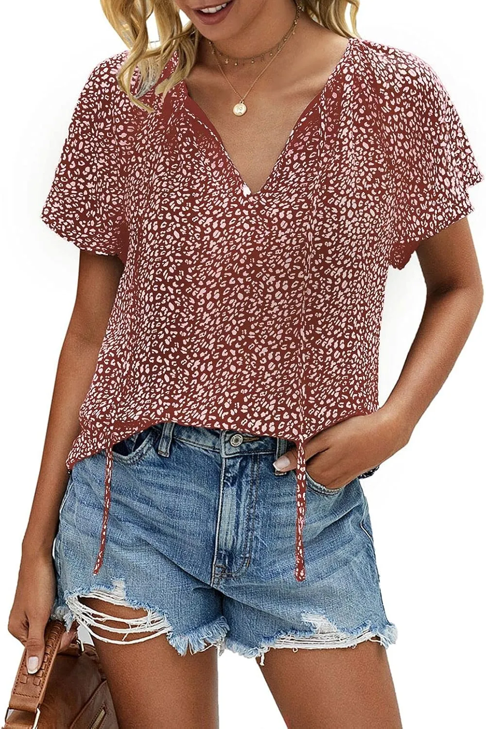 Mansy Women's Casual Floral Print V Neck Ruffle Short Sleeve Summer Shirts Tops Loose Blouses