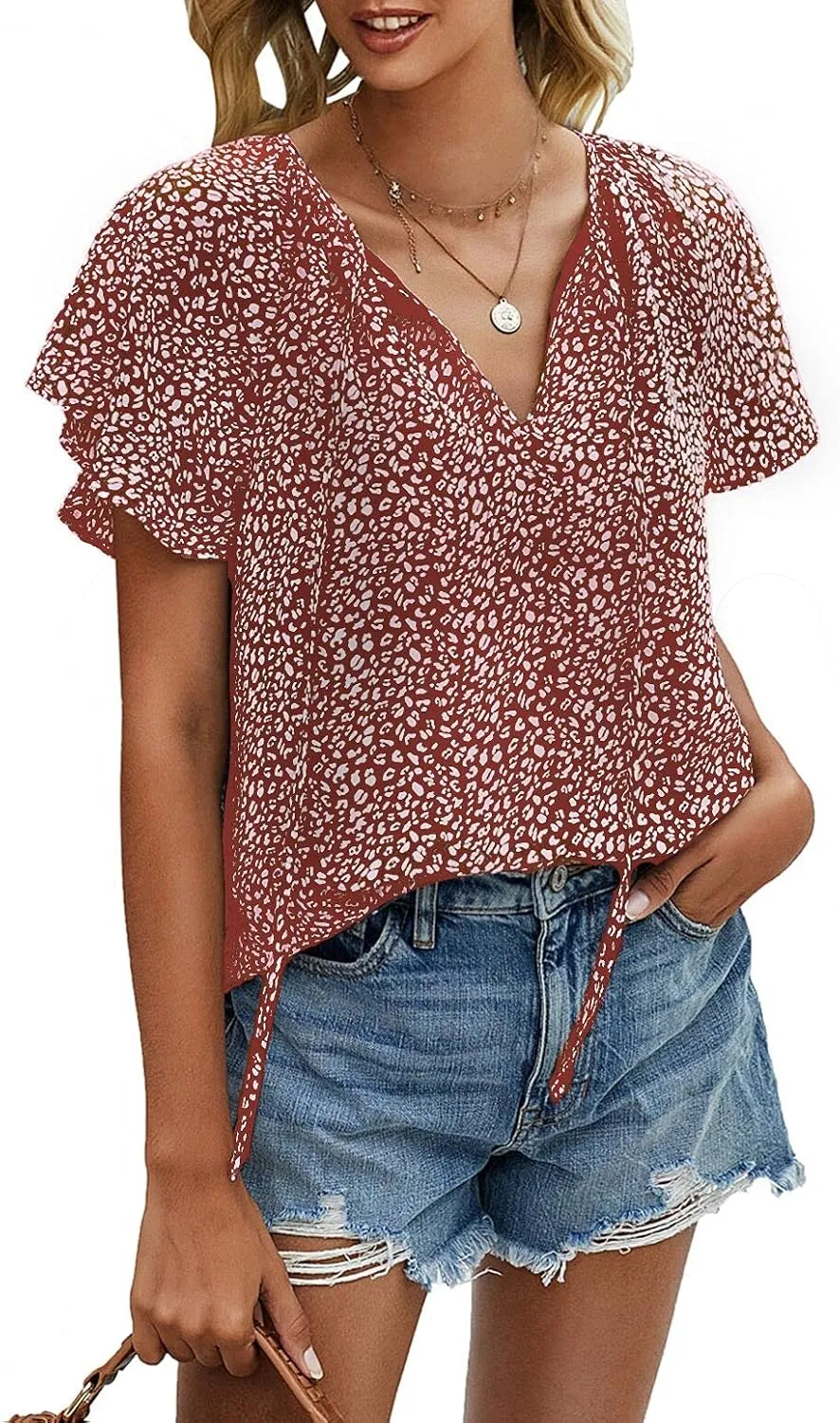 Mansy Women's Casual Floral Print V Neck Ruffle Short Sleeve Summer Shirts Tops Loose Blouses