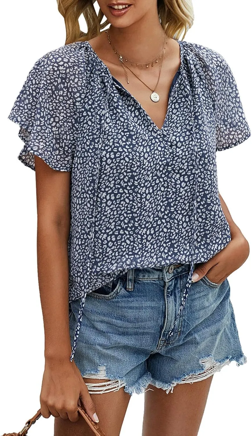 Mansy Women's Casual Floral Print V Neck Ruffle Short Sleeve Summer Shirts Tops Loose Blouses