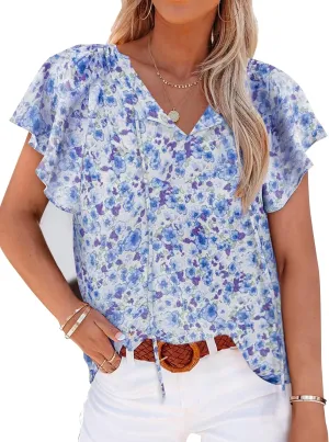 Mansy Women's Casual Floral Print V Neck Ruffle Short Sleeve Summer Shirts Tops Loose Blouses