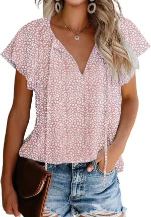 Mansy Women's Casual Floral Print V Neck Ruffle Short Sleeve Summer Shirts Tops Loose Blouses