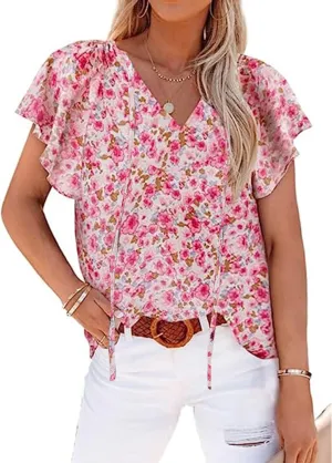 Mansy Women's Casual Floral Print V Neck Ruffle Short Sleeve Summer Shirts Tops Loose Blouses