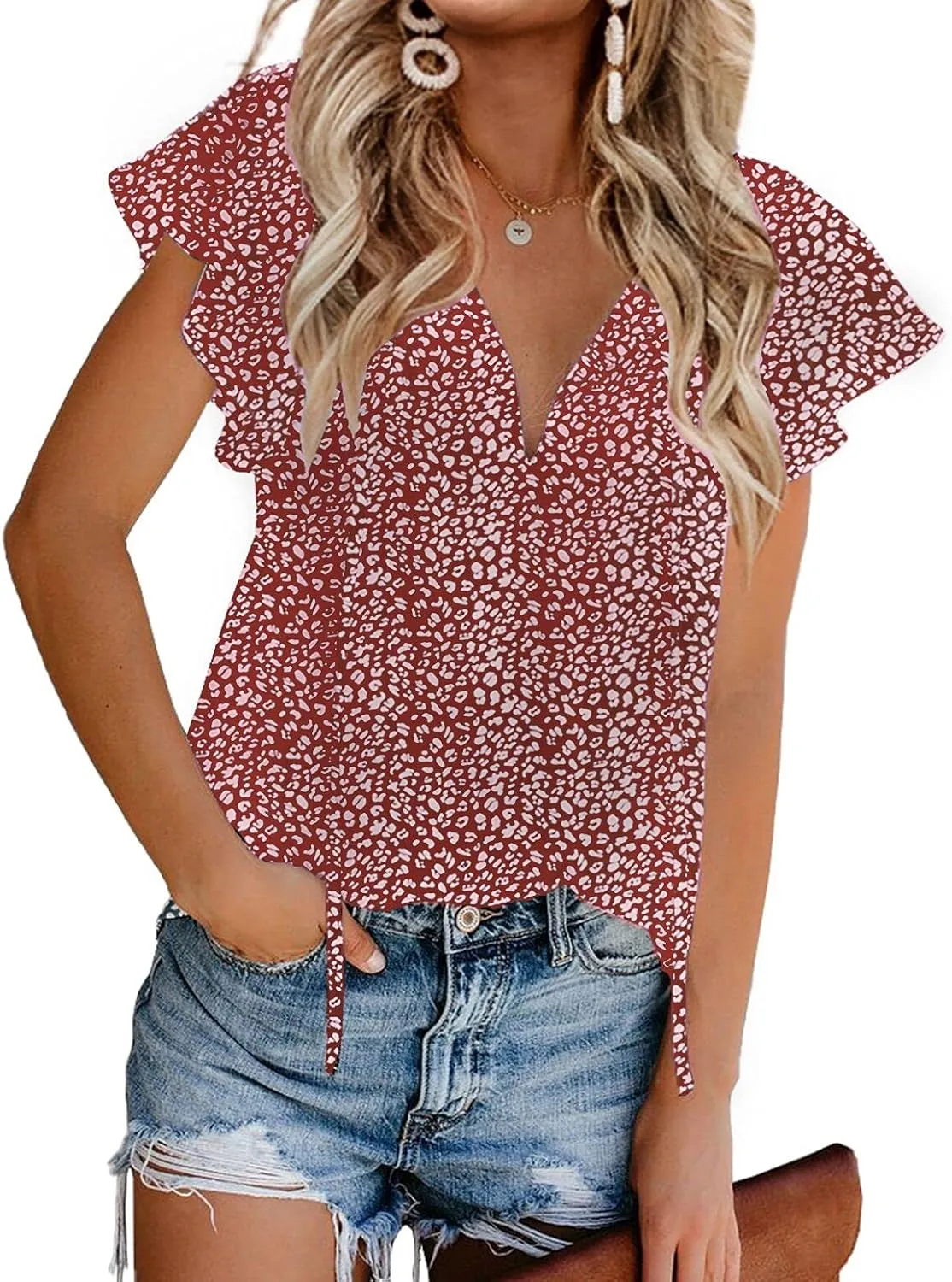 Mansy Women's Casual Floral Print V Neck Ruffle Short Sleeve Summer Shirts Tops Loose Blouses