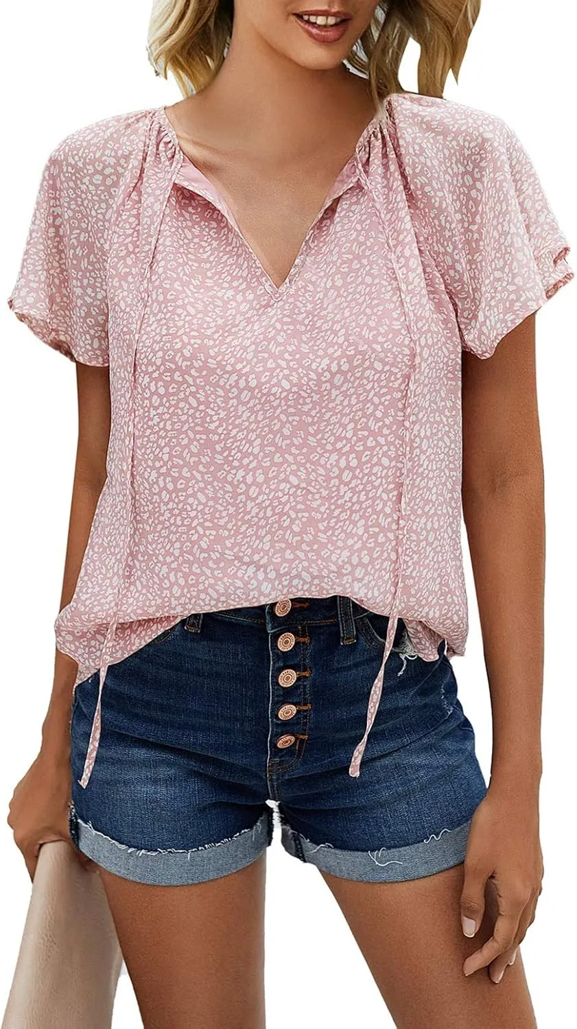 Mansy Women's Casual Floral Print V Neck Ruffle Short Sleeve Summer Shirts Tops Loose Blouses