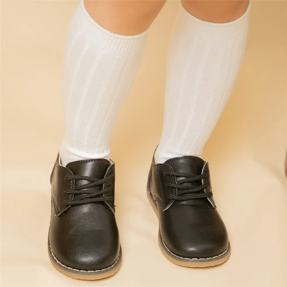 Meckior Toddler Boys Girls Black Dress Shoes Little Kid Oxford Shoes Wedding Church Dress Shoes PU Leather Lace Up School Uniform Loafer Flats