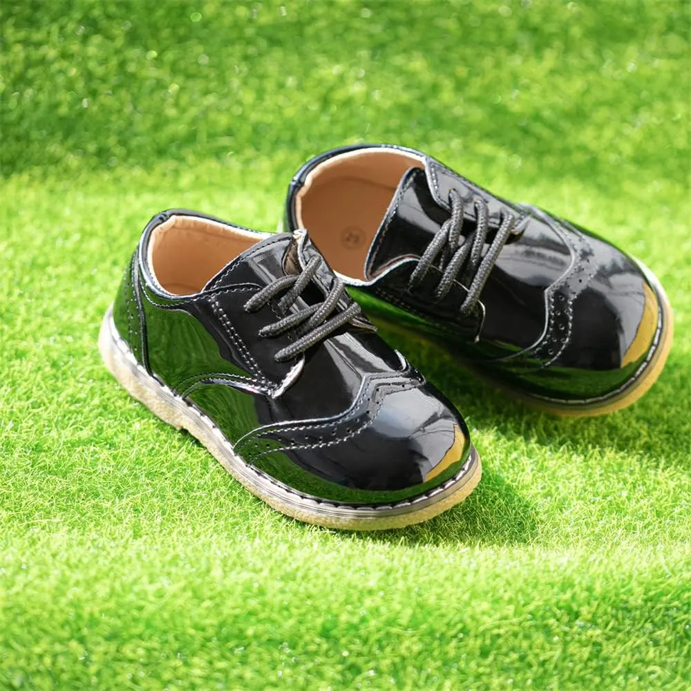 Meckior Toddler Boys Girls Black Dress Shoes Little Kid Oxford Shoes Wedding Church Dress Shoes PU Leather Lace Up School Uniform Loafer Flats