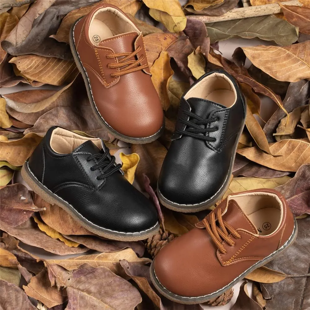 Meckior Toddler Boys Girls Black Dress Shoes Little Kid Oxford Shoes Wedding Church Dress Shoes PU Leather Lace Up School Uniform Loafer Flats