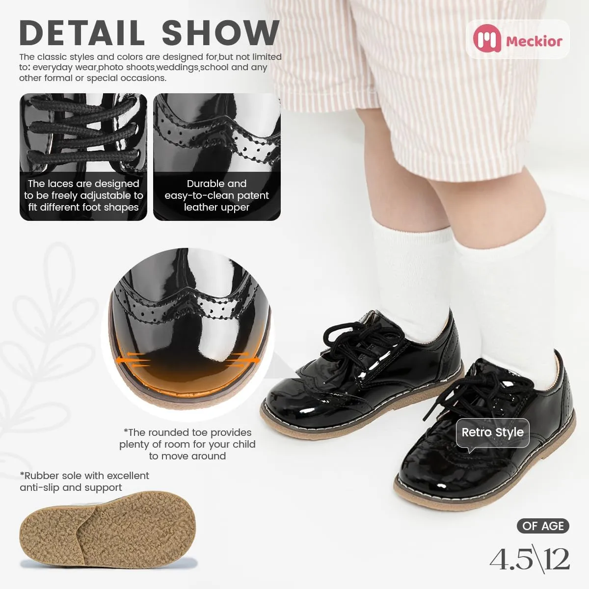 Meckior Toddler Boys Girls Black Dress Shoes Little Kid Oxford Shoes Wedding Church Dress Shoes PU Leather Lace Up School Uniform Loafer Flats