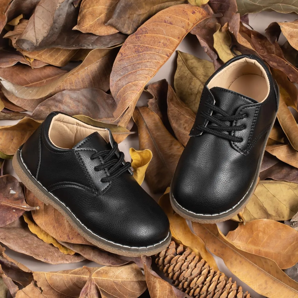 Meckior Toddler Boys Girls Black Dress Shoes Little Kid Oxford Shoes Wedding Church Dress Shoes PU Leather Lace Up School Uniform Loafer Flats