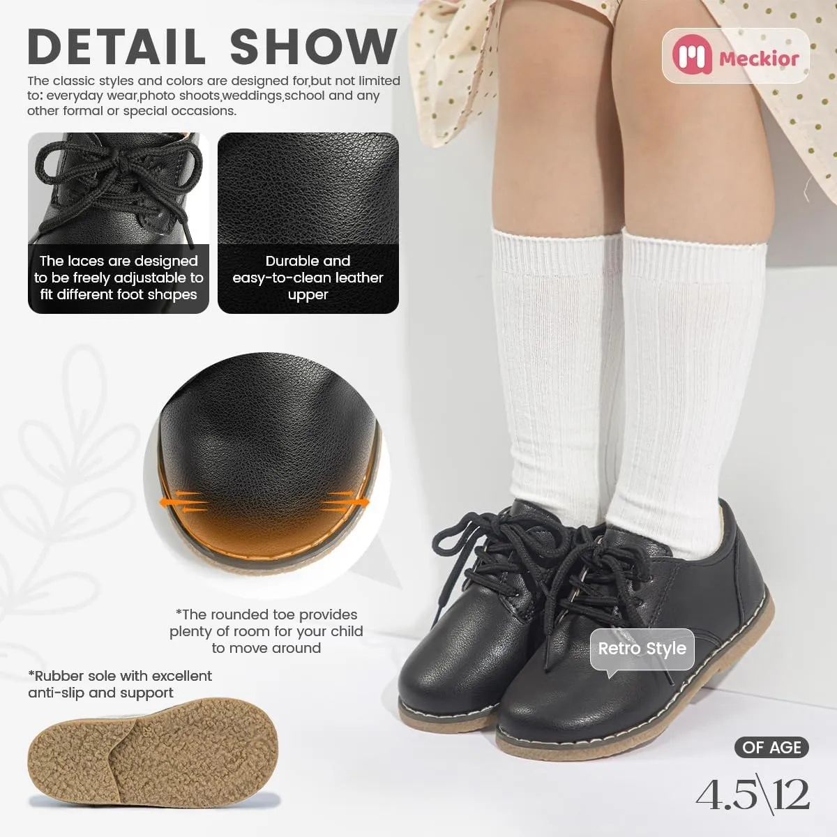 Meckior Toddler Boys Girls Black Dress Shoes Little Kid Oxford Shoes Wedding Church Dress Shoes PU Leather Lace Up School Uniform Loafer Flats