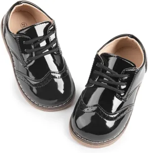 Meckior Toddler Boys Girls Black Dress Shoes Little Kid Oxford Shoes Wedding Church Dress Shoes PU Leather Lace Up School Uniform Loafer Flats