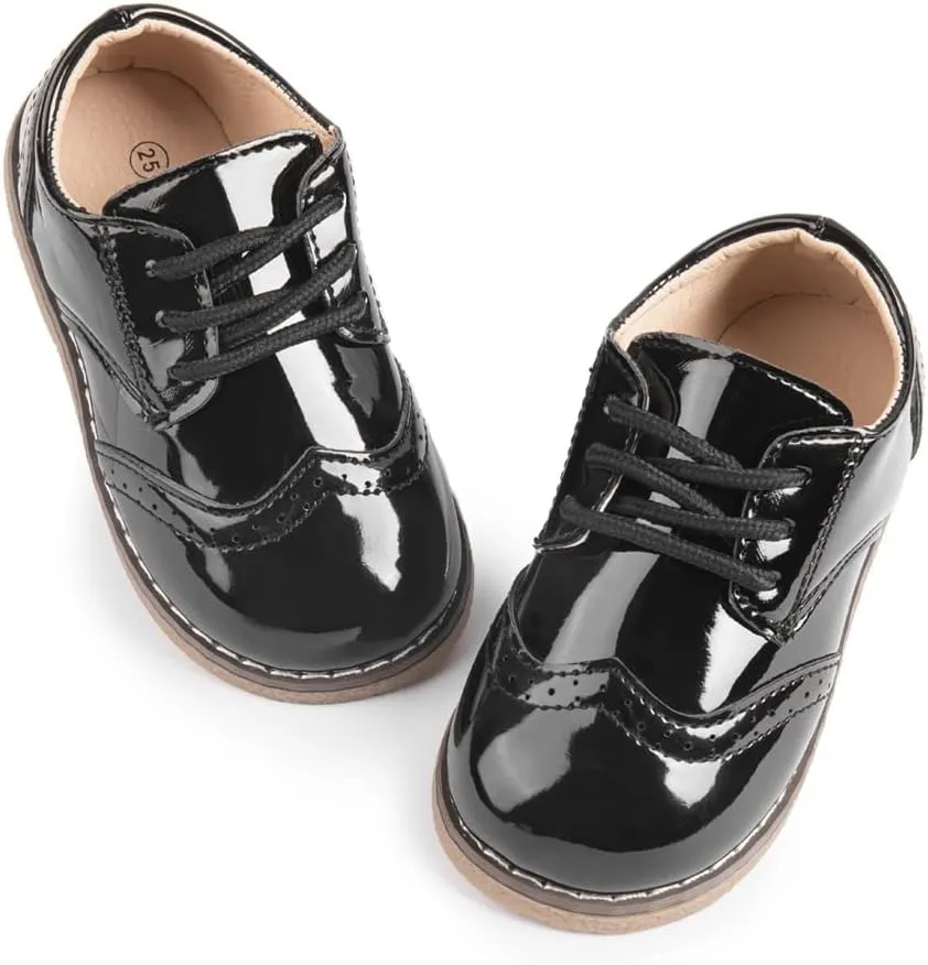 Meckior Toddler Boys Girls Black Dress Shoes Little Kid Oxford Shoes Wedding Church Dress Shoes PU Leather Lace Up School Uniform Loafer Flats