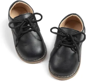 Meckior Toddler Boys Girls Black Dress Shoes Little Kid Oxford Shoes Wedding Church Dress Shoes PU Leather Lace Up School Uniform Loafer Flats