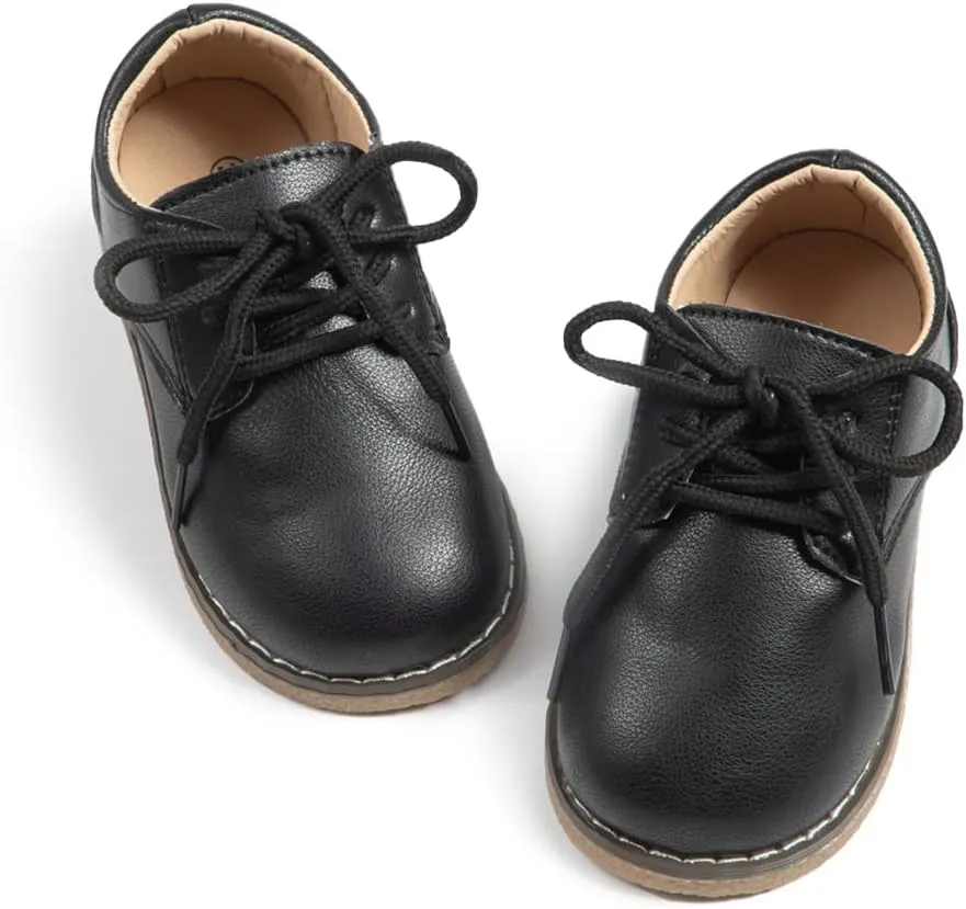 Meckior Toddler Boys Girls Black Dress Shoes Little Kid Oxford Shoes Wedding Church Dress Shoes PU Leather Lace Up School Uniform Loafer Flats