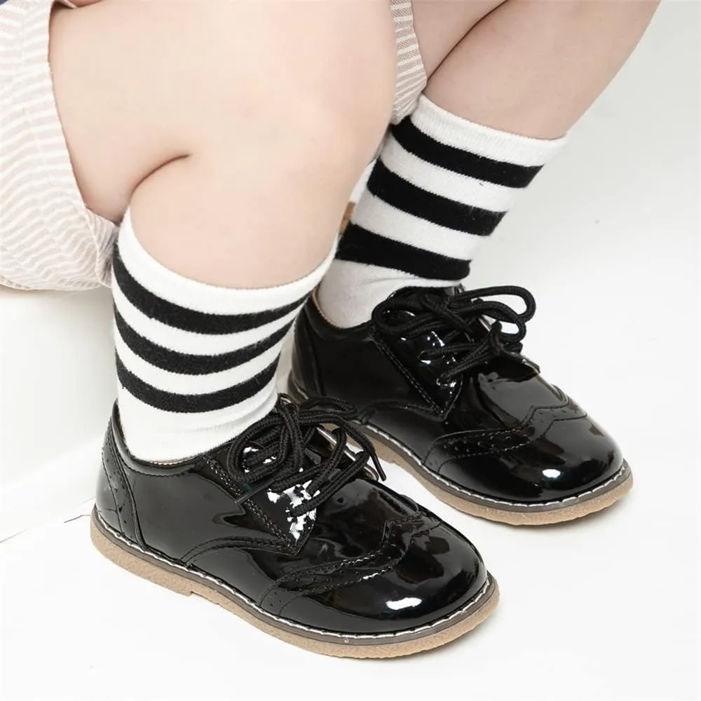 Meckior Toddler Boys Girls Black Dress Shoes Little Kid Oxford Shoes Wedding Church Dress Shoes PU Leather Lace Up School Uniform Loafer Flats