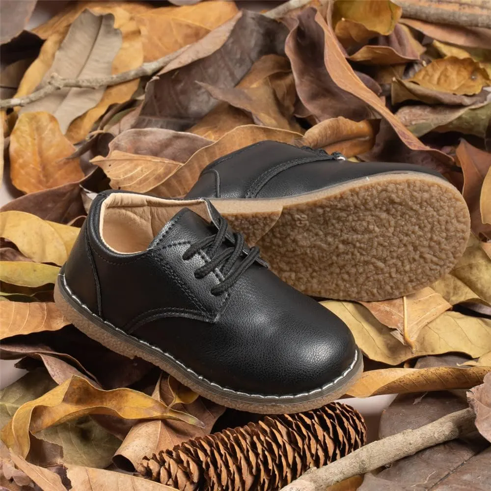 Meckior Toddler Boys Girls Black Dress Shoes Little Kid Oxford Shoes Wedding Church Dress Shoes PU Leather Lace Up School Uniform Loafer Flats