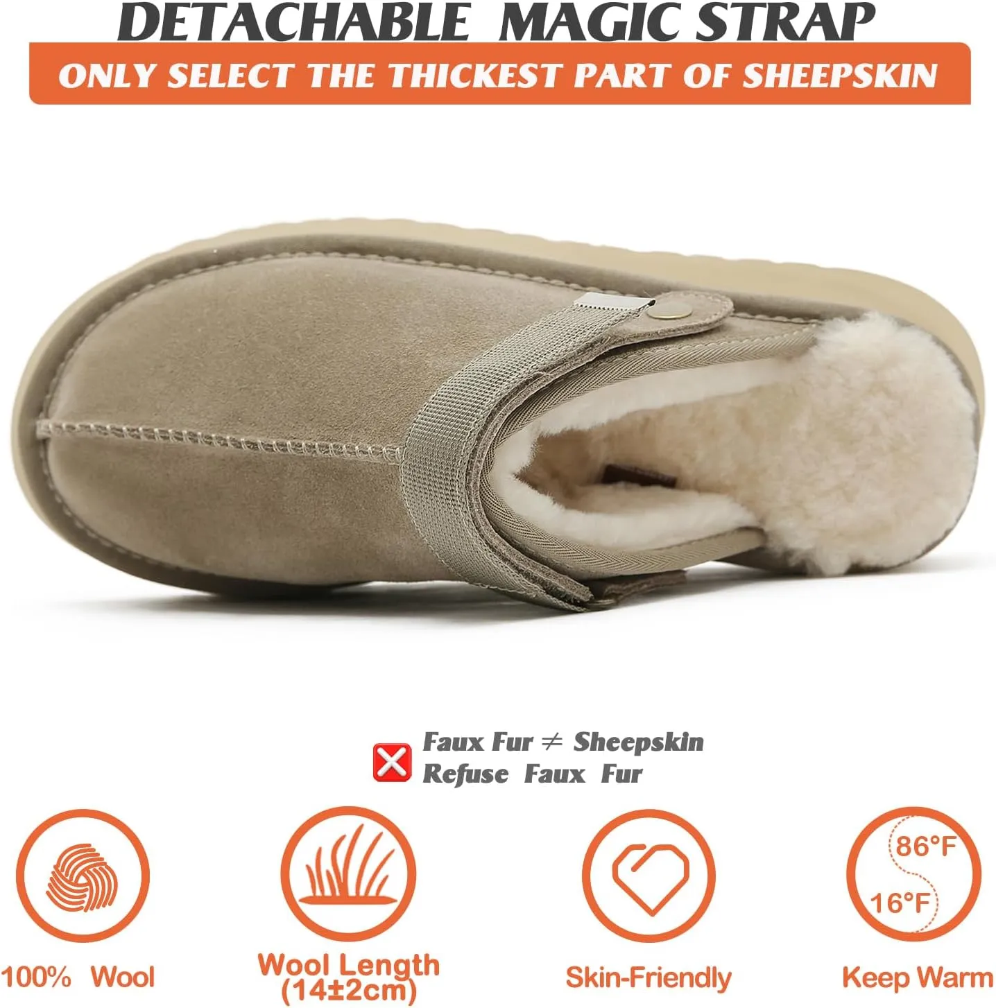 Mel&Syd 100% Australian Sheepskin Slippers for Womens-Goldenstar Clog-Adjustable Heel Strap Heighten Elastic Memory Foam Sole Shearling Warm Comfy Water Resistant for Indoor Outdoor Fur Sandals Shoes