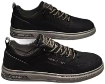 Men's Casual Platform Sneakers, Low Top Breathable Athletic Shoes, White and Black, Lace-up, 1.5 Inch Platform