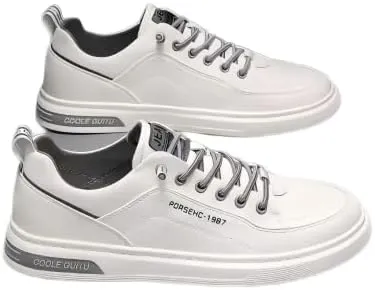 Men's Casual Platform Sneakers, Low Top Breathable Athletic Shoes, White and Black, Lace-up, 1.5 Inch Platform