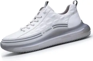 Men's Cowhide Animal Print Sneakers Air Cushion Elastic High-Top Soft Leather Height Lifting Non-Slip Lace Up Casual Shoes