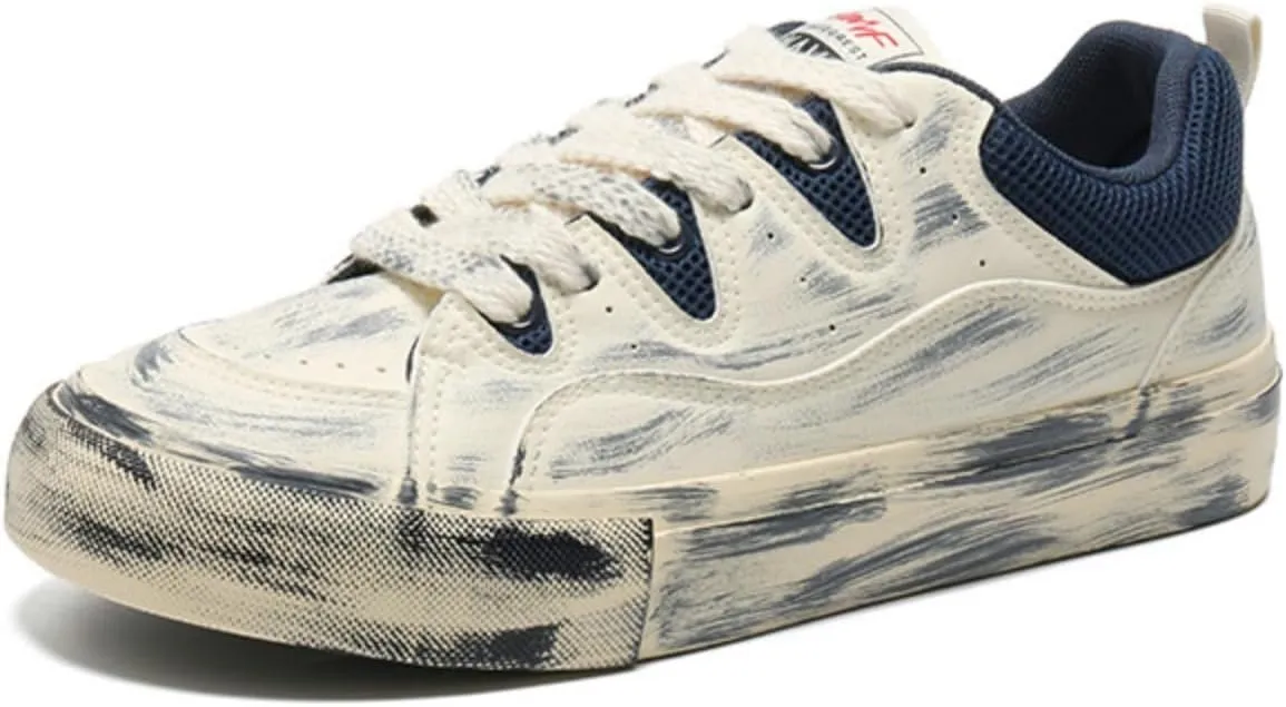 Men's Vintage Distressed Skate Shoes with Breathable Mesh Tongue & Reinforced Heel - Flat Cushioned Sole Casual Sneakers Lightweight Canvas Footwear for Daily Wear & Street Style