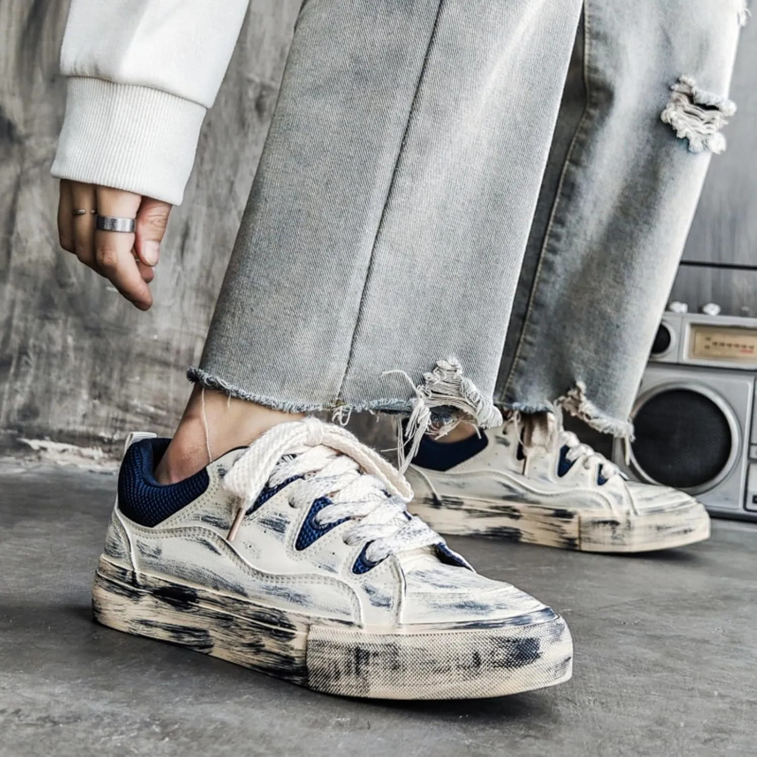 Men's Vintage Distressed Skate Shoes with Breathable Mesh Tongue & Reinforced Heel - Flat Cushioned Sole Casual Sneakers Lightweight Canvas Footwear for Daily Wear & Street Style