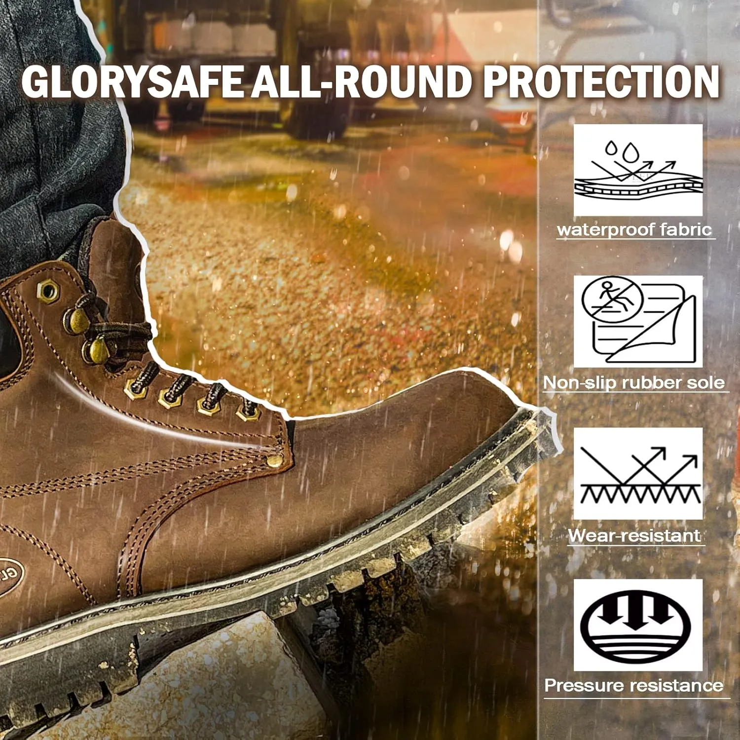 Men's Work Boot with Soft Toe - Waterproof & Slip Resistant 6 Inch Safety Boots for Construction,Rubber Sole Lightweight Working Botas