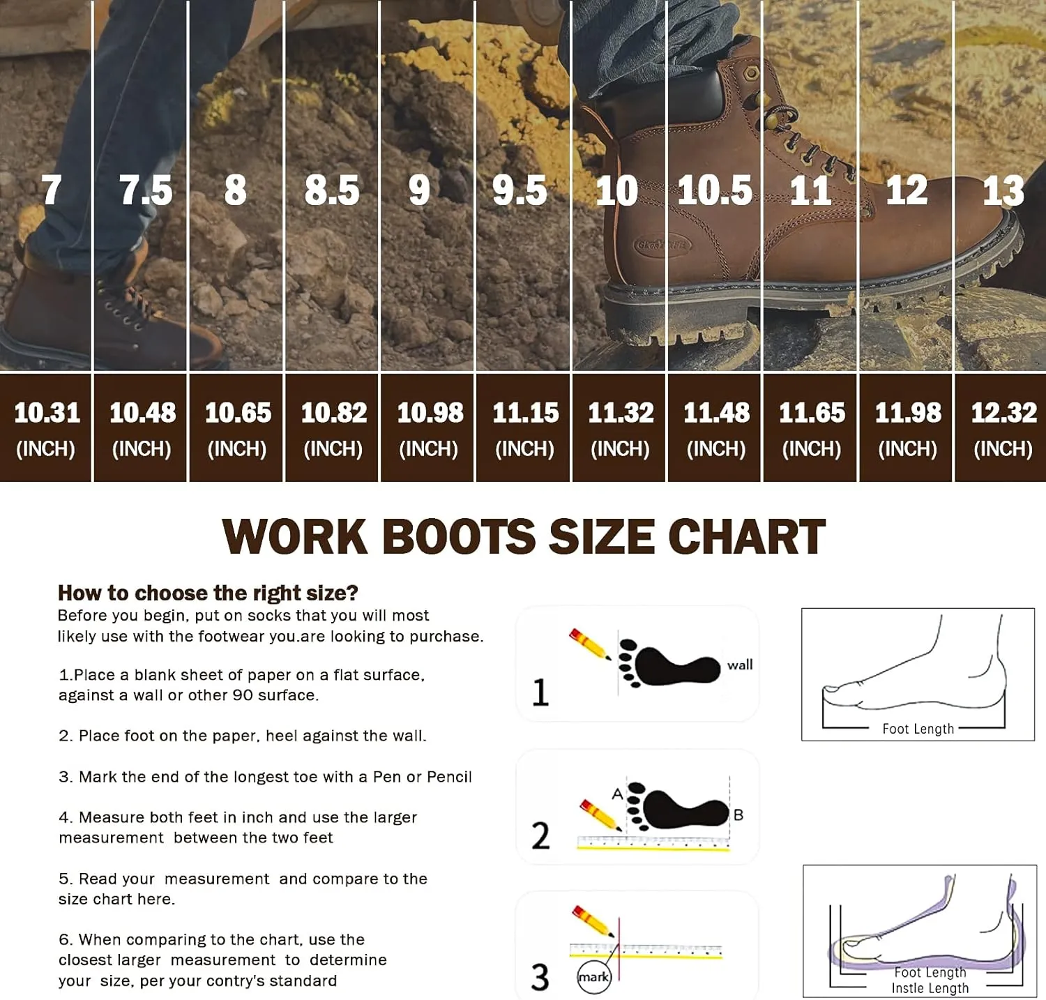 Men's Work Boot with Soft Toe - Waterproof & Slip Resistant 6 Inch Safety Boots for Construction,Rubber Sole Lightweight Working Botas