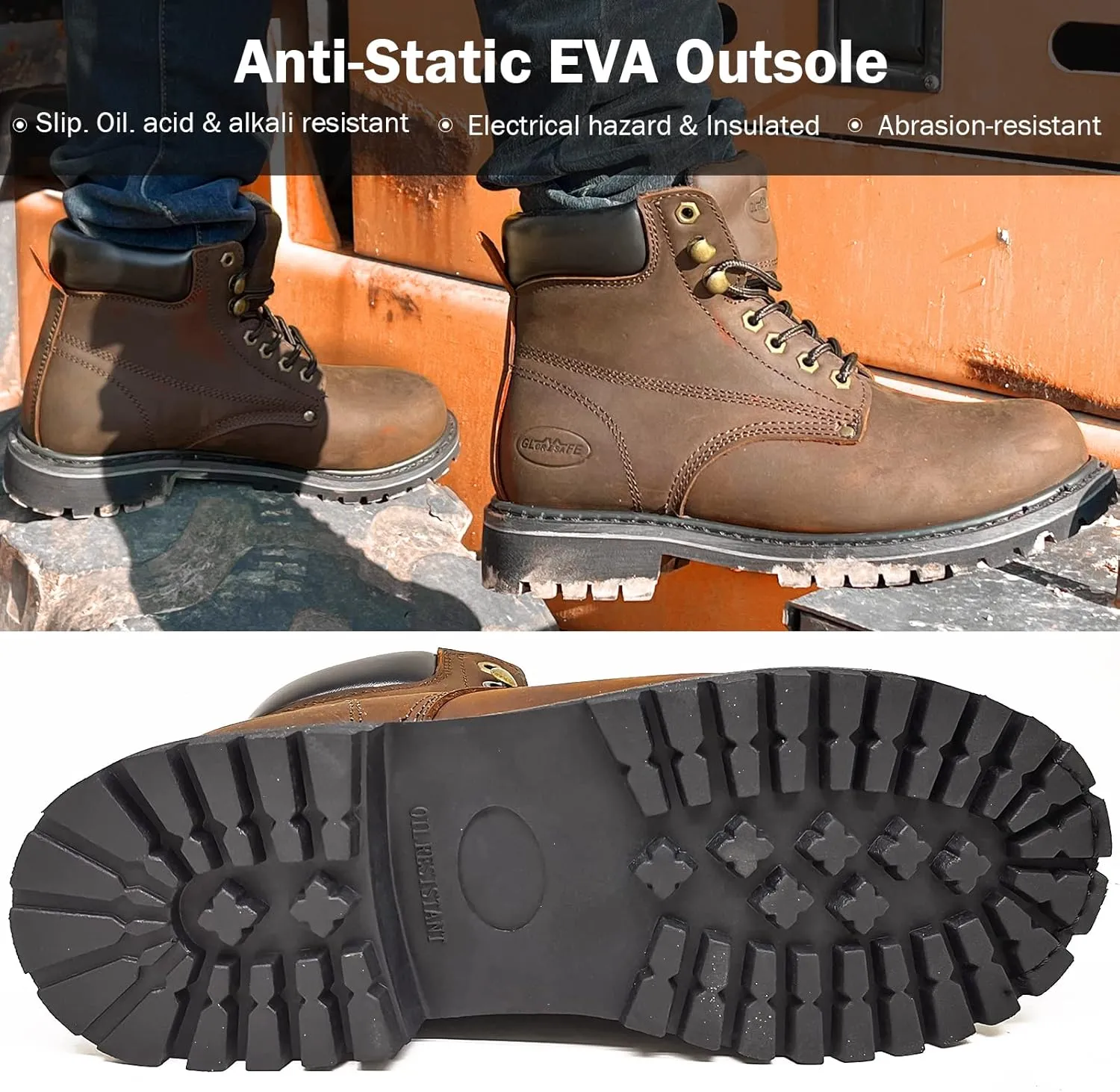 Men's Work Boot with Soft Toe - Waterproof & Slip Resistant 6 Inch Safety Boots for Construction,Rubber Sole Lightweight Working Botas