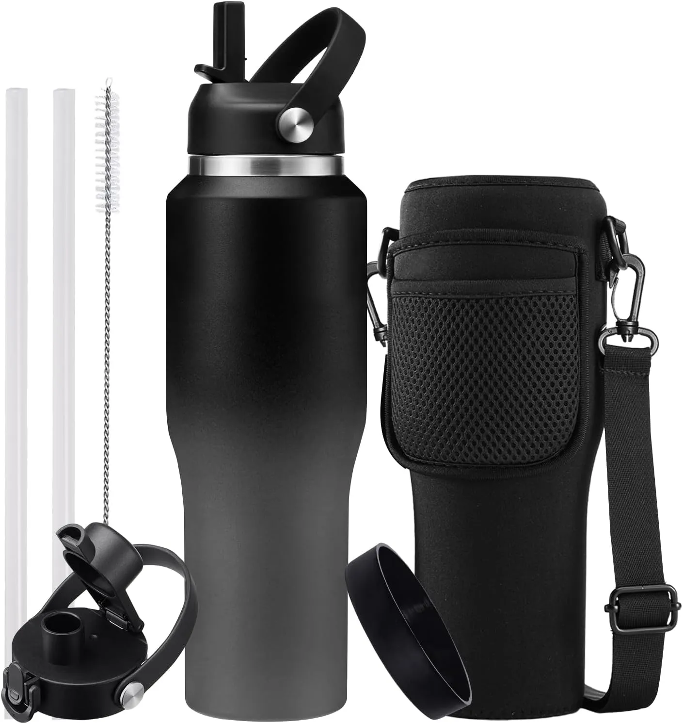 Metal Water Bottle fits-in Cup Holder 32oz, Stainless Steel Vacuum Flask with Straw & Pop-up Chug Lid, Leak Proof Wide Mouth Thermo Keep Cold-48h & Hot-24 for Women Men