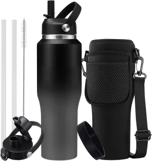 Metal Water Bottle fits-in Cup Holder 32oz, Stainless Steel Vacuum Flask with Straw & Pop-up Chug Lid, Leak Proof Wide Mouth Thermo Keep Cold-48h & Hot-24 for Women Men