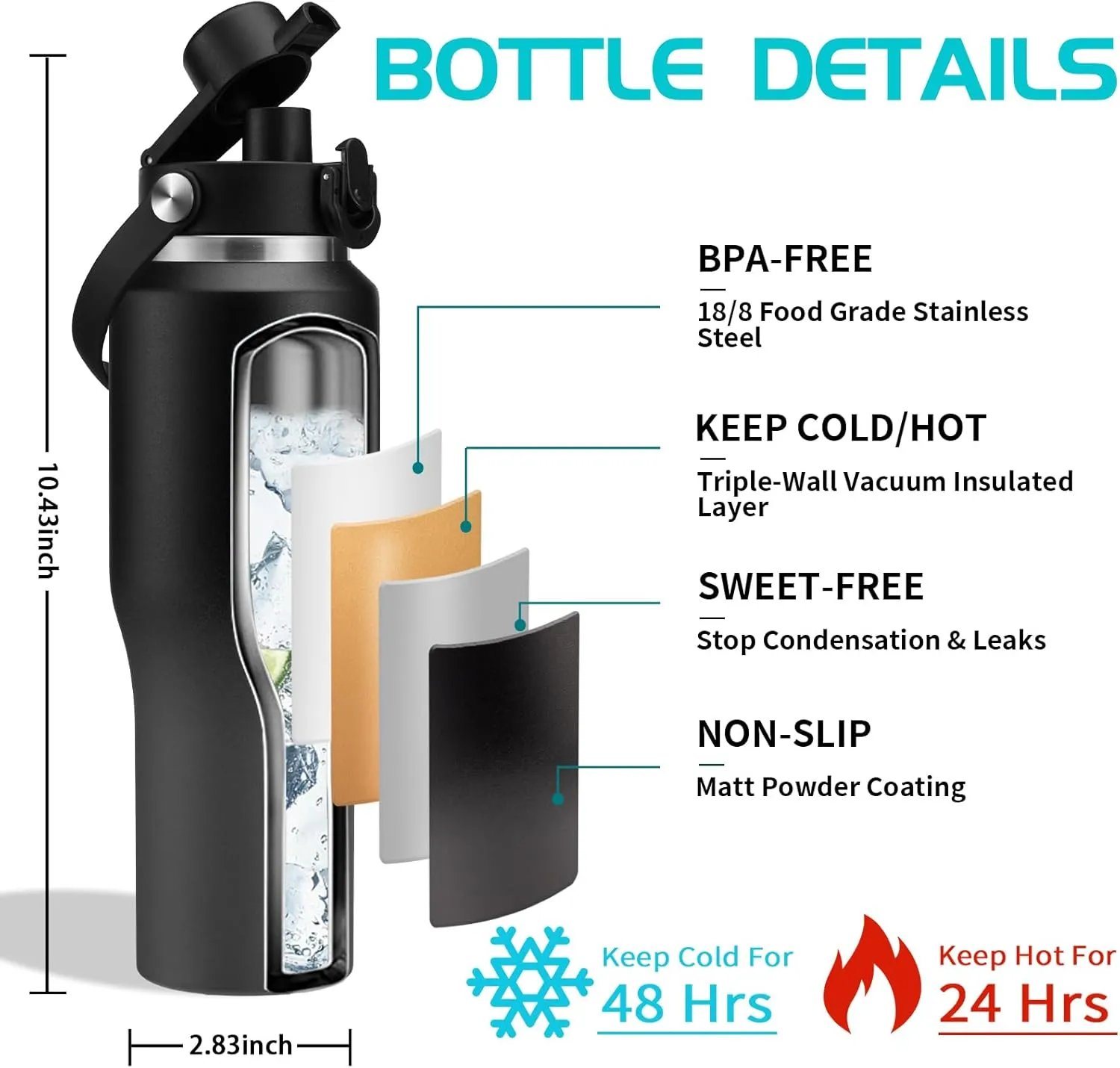 Metal Water Bottle fits-in Cup Holder 32oz, Stainless Steel Vacuum Flask with Straw & Pop-up Chug Lid, Leak Proof Wide Mouth Thermo Keep Cold-48h & Hot-24 for Women Men