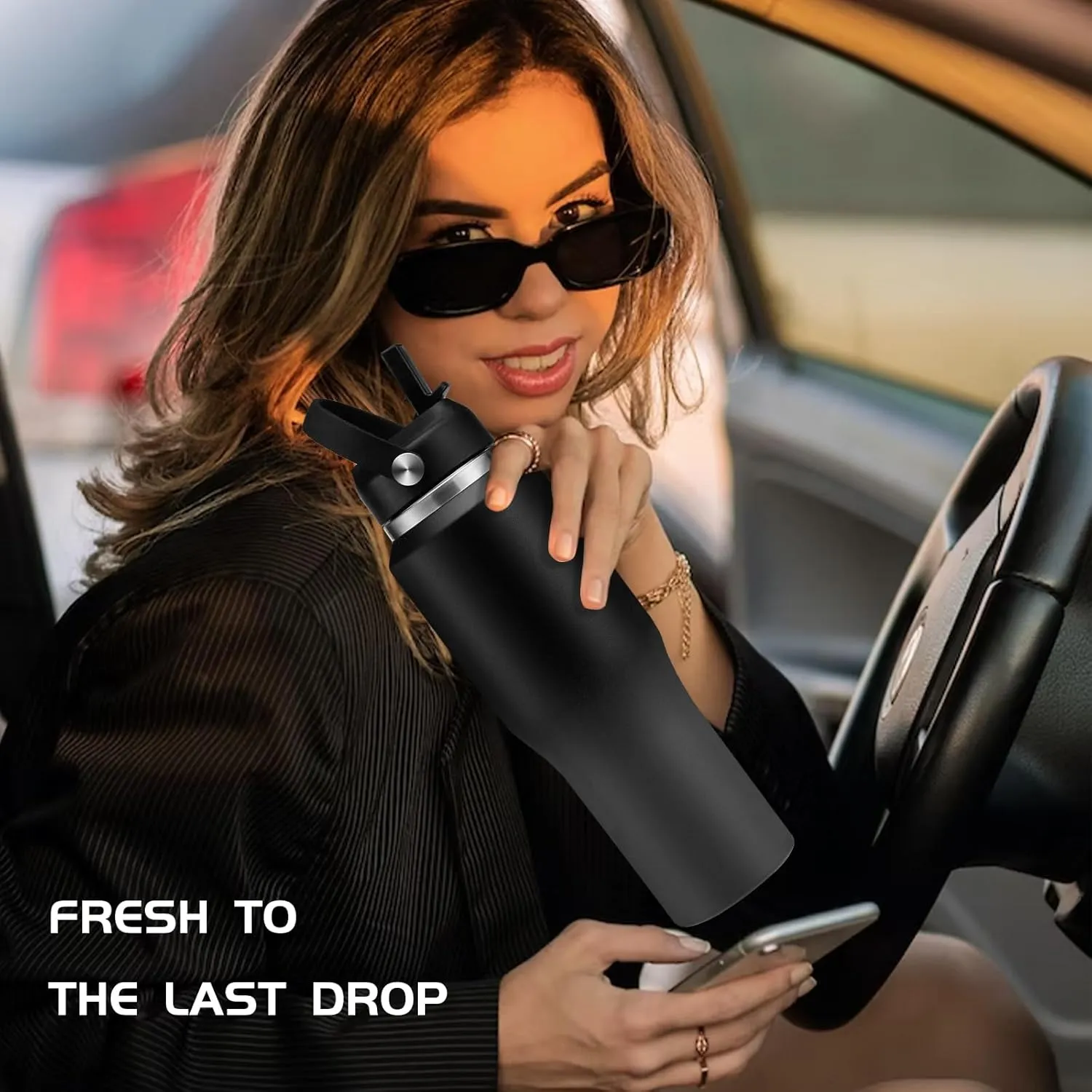 Metal Water Bottle fits-in Cup Holder 32oz, Stainless Steel Vacuum Flask with Straw & Pop-up Chug Lid, Leak Proof Wide Mouth Thermo Keep Cold-48h & Hot-24 for Women Men