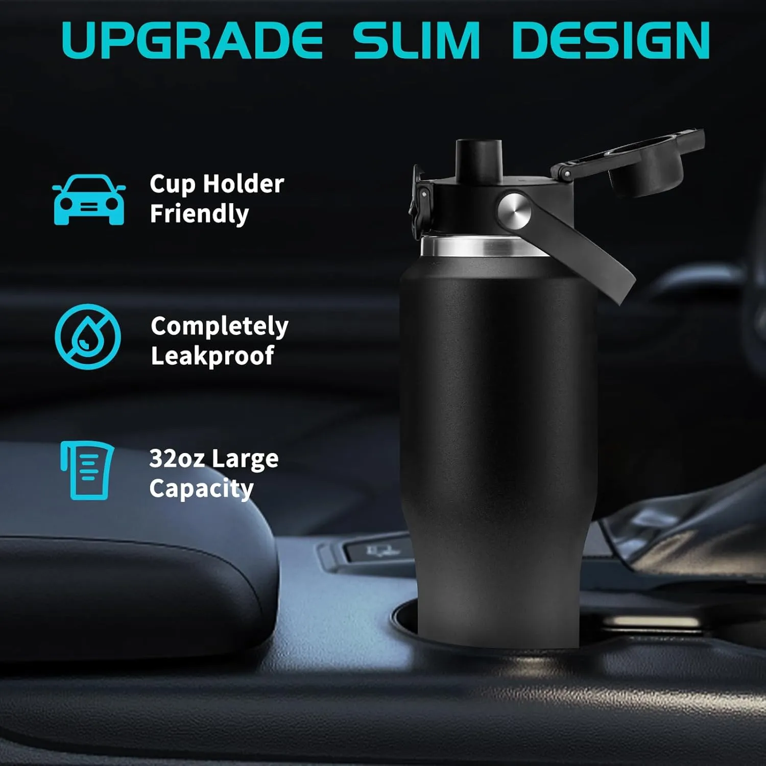 Metal Water Bottle fits-in Cup Holder 32oz, Stainless Steel Vacuum Flask with Straw & Pop-up Chug Lid, Leak Proof Wide Mouth Thermo Keep Cold-48h & Hot-24 for Women Men