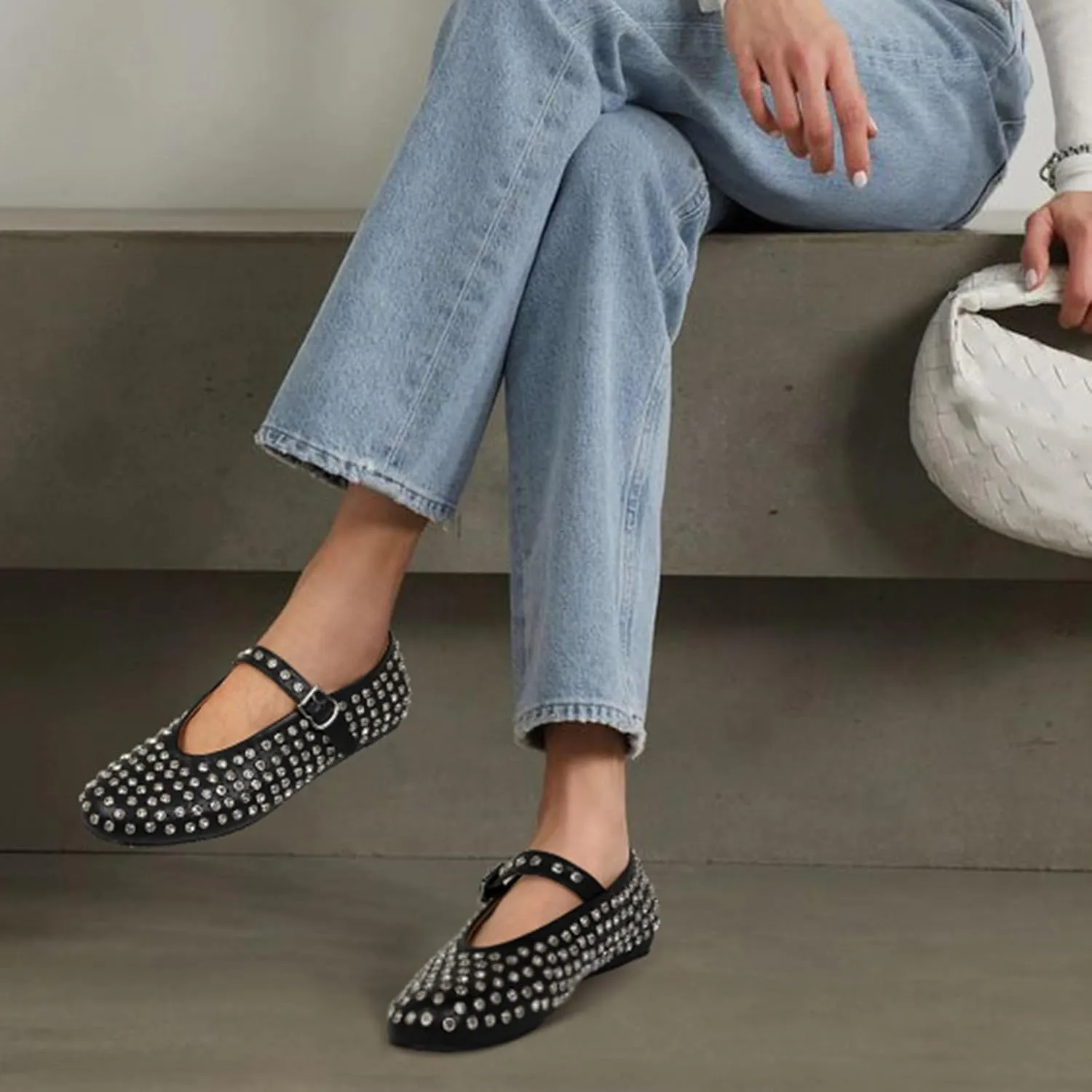 MICIFA Rhinestone Ballet Flats for Women, Crystals Ballerina Shoes Buckle Strap Mary Jane Flats Round Toe Casual Dress Shoes