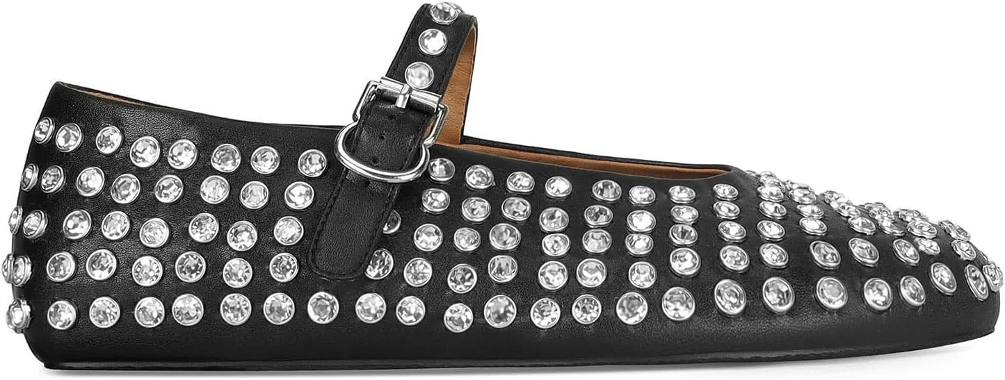 MICIFA Rhinestone Ballet Flats for Women, Crystals Ballerina Shoes Buckle Strap Mary Jane Flats Round Toe Casual Dress Shoes