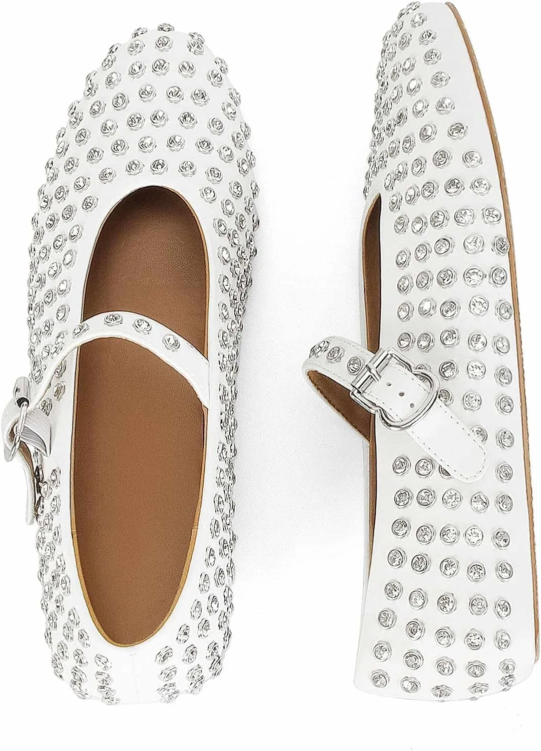 MICIFA Rhinestone Ballet Flats for Women, Crystals Ballerina Shoes Buckle Strap Mary Jane Flats Round Toe Casual Dress Shoes