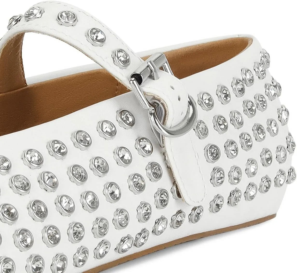 MICIFA Rhinestone Ballet Flats for Women, Crystals Ballerina Shoes Buckle Strap Mary Jane Flats Round Toe Casual Dress Shoes