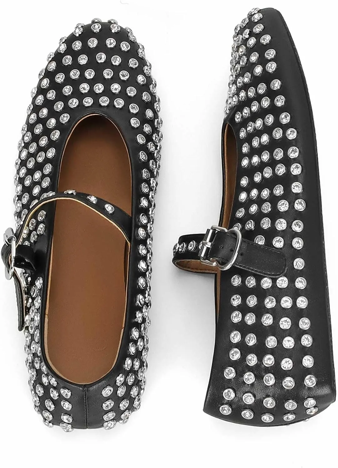 MICIFA Rhinestone Ballet Flats for Women, Crystals Ballerina Shoes Buckle Strap Mary Jane Flats Round Toe Casual Dress Shoes