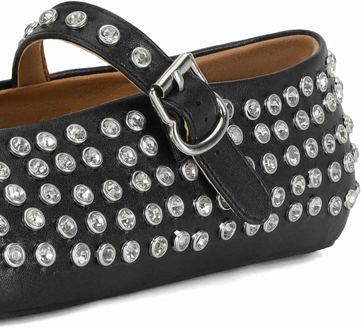 MICIFA Rhinestone Ballet Flats for Women, Crystals Ballerina Shoes Buckle Strap Mary Jane Flats Round Toe Casual Dress Shoes