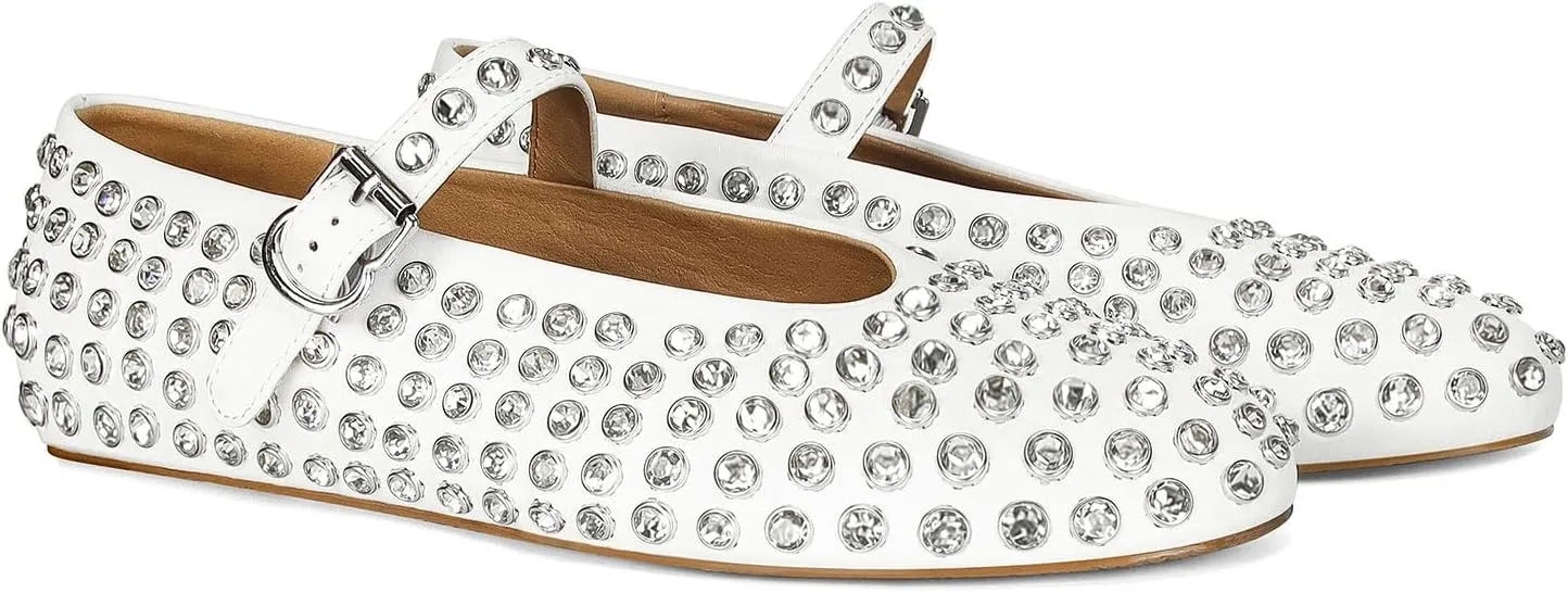 MICIFA Rhinestone Ballet Flats for Women, Crystals Ballerina Shoes Buckle Strap Mary Jane Flats Round Toe Casual Dress Shoes