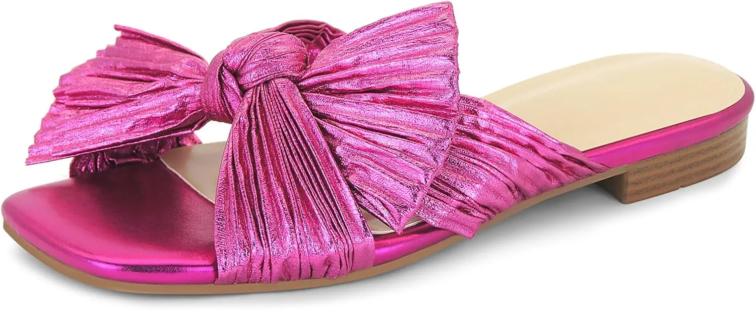MICIFA Women's Bow Flat Sandals Open Toe Summer Comfort Slip on Slide Sandals Bridal Wedding Dress Shoes
