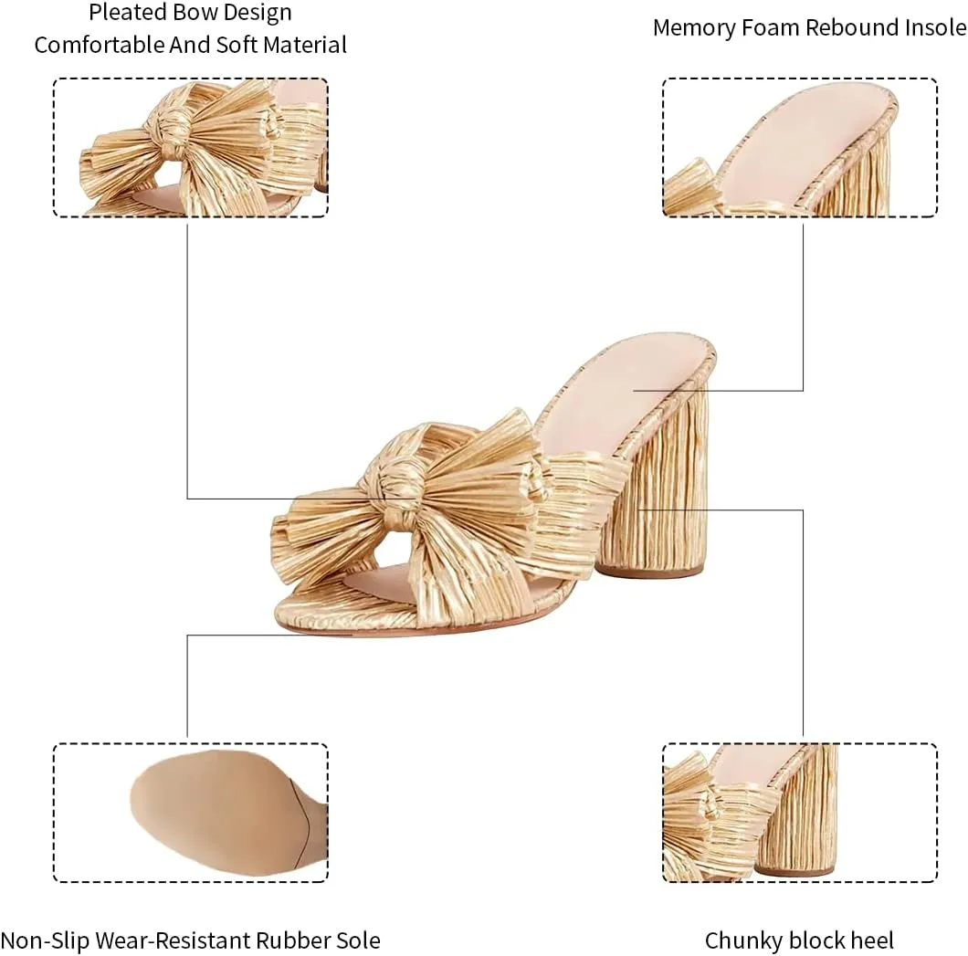 MICIFA Women's Bow Heeled Sandals Slip On Open Toe Block Chunky Heel Sandals Bride Wedding Dress Shoes