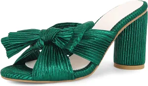 MICIFA Women's Bow Heeled Sandals Slip On Open Toe Block Chunky Heel Sandals Bride Wedding Dress Shoes