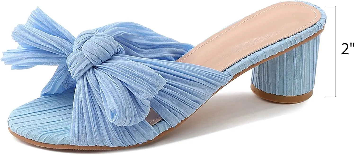 MICIFA Women's Bow Heeled Sandals Slip On Open Toe Block Chunky Heel Sandals Bride Wedding Dress Shoes