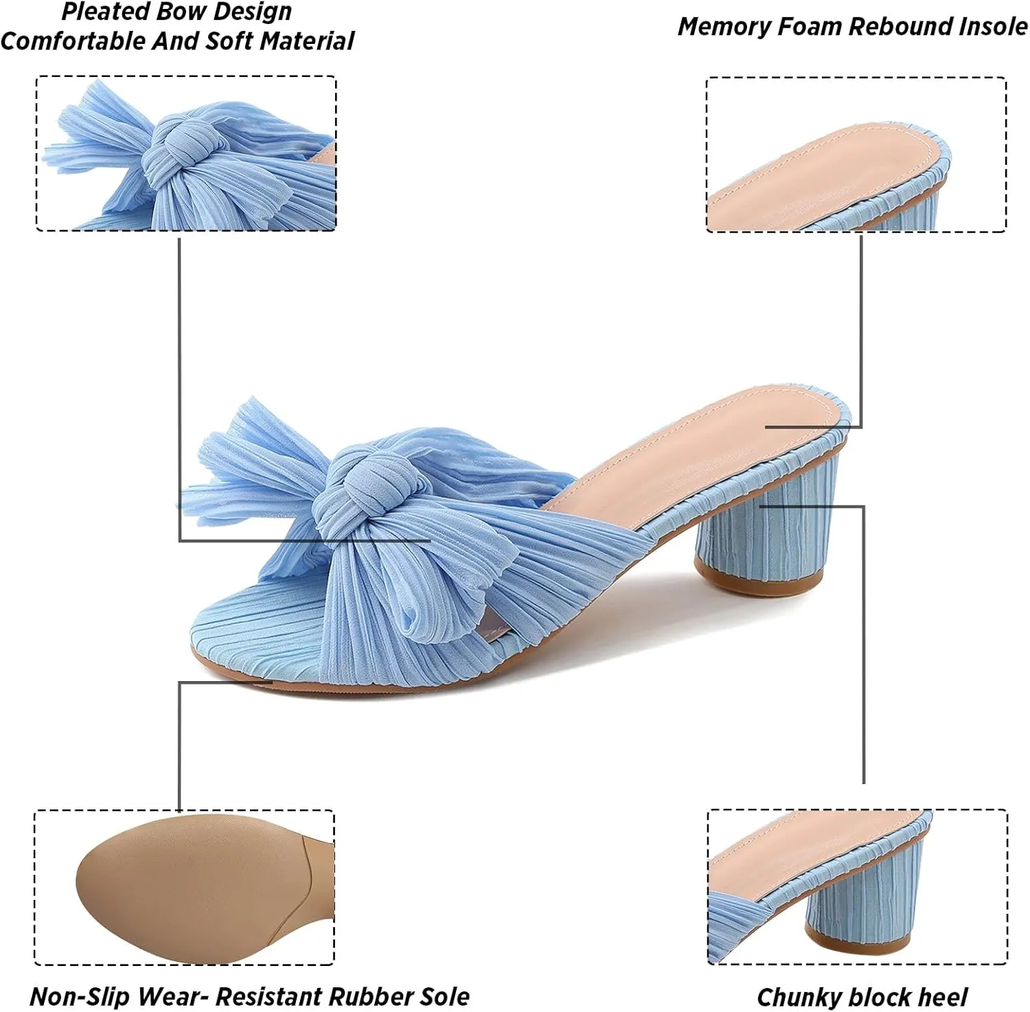 MICIFA Women's Bow Heeled Sandals Slip On Open Toe Block Chunky Heel Sandals Bride Wedding Dress Shoes