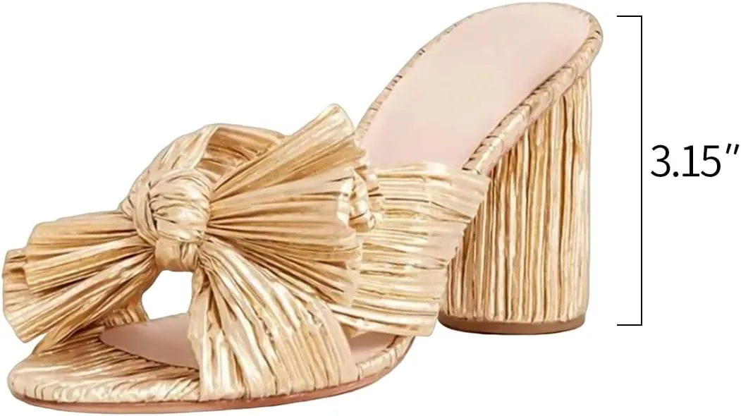 MICIFA Women's Bow Heeled Sandals Slip On Open Toe Block Chunky Heel Sandals Bride Wedding Dress Shoes