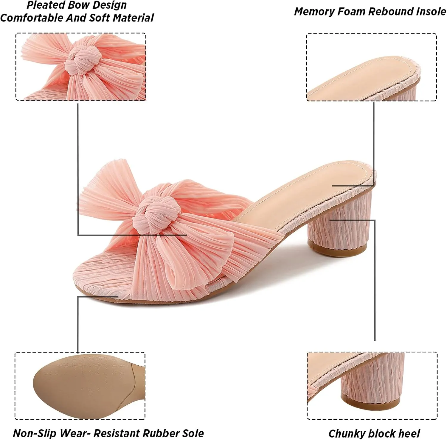 MICIFA Women's Bow Heeled Sandals Slip On Open Toe Block Chunky Heel Sandals Bride Wedding Dress Shoes