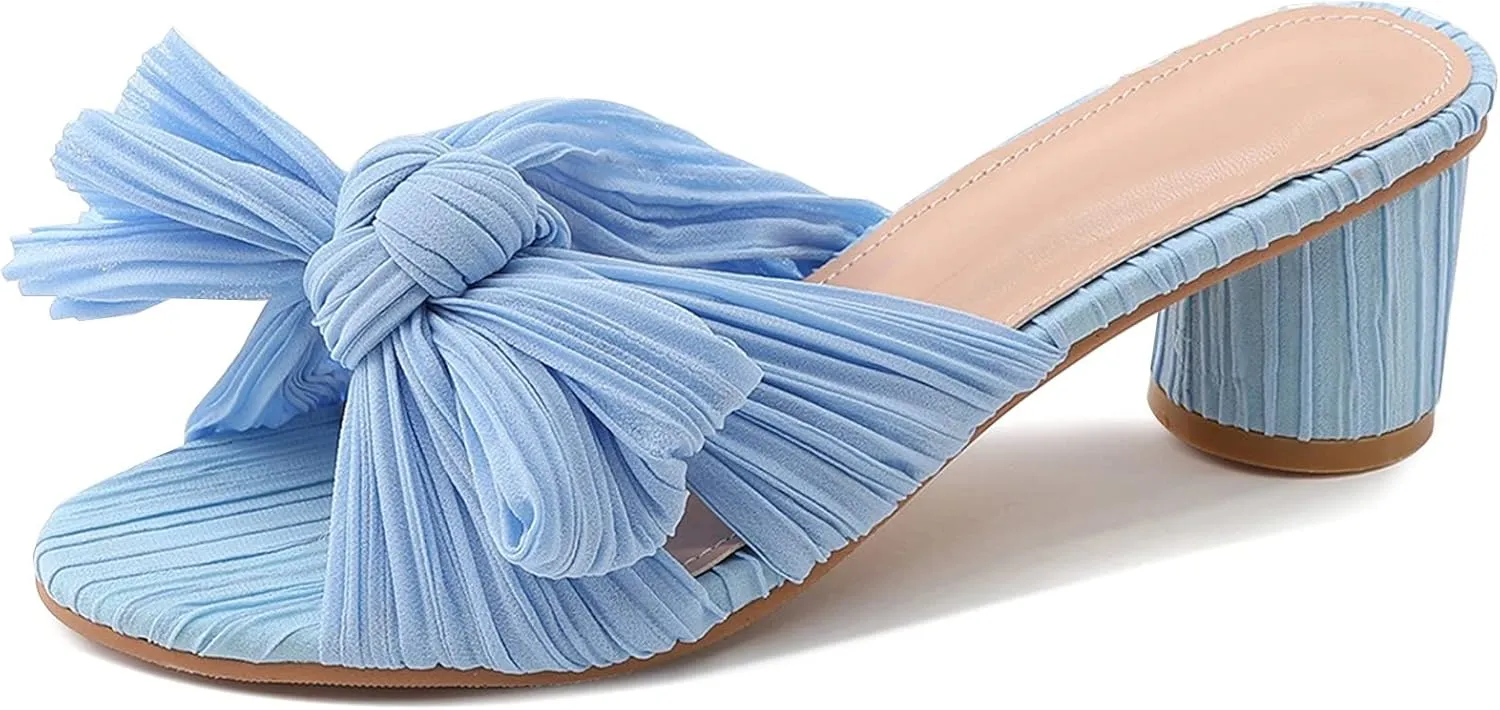 MICIFA Women's Bow Heeled Sandals Slip On Open Toe Block Chunky Heel Sandals Bride Wedding Dress Shoes