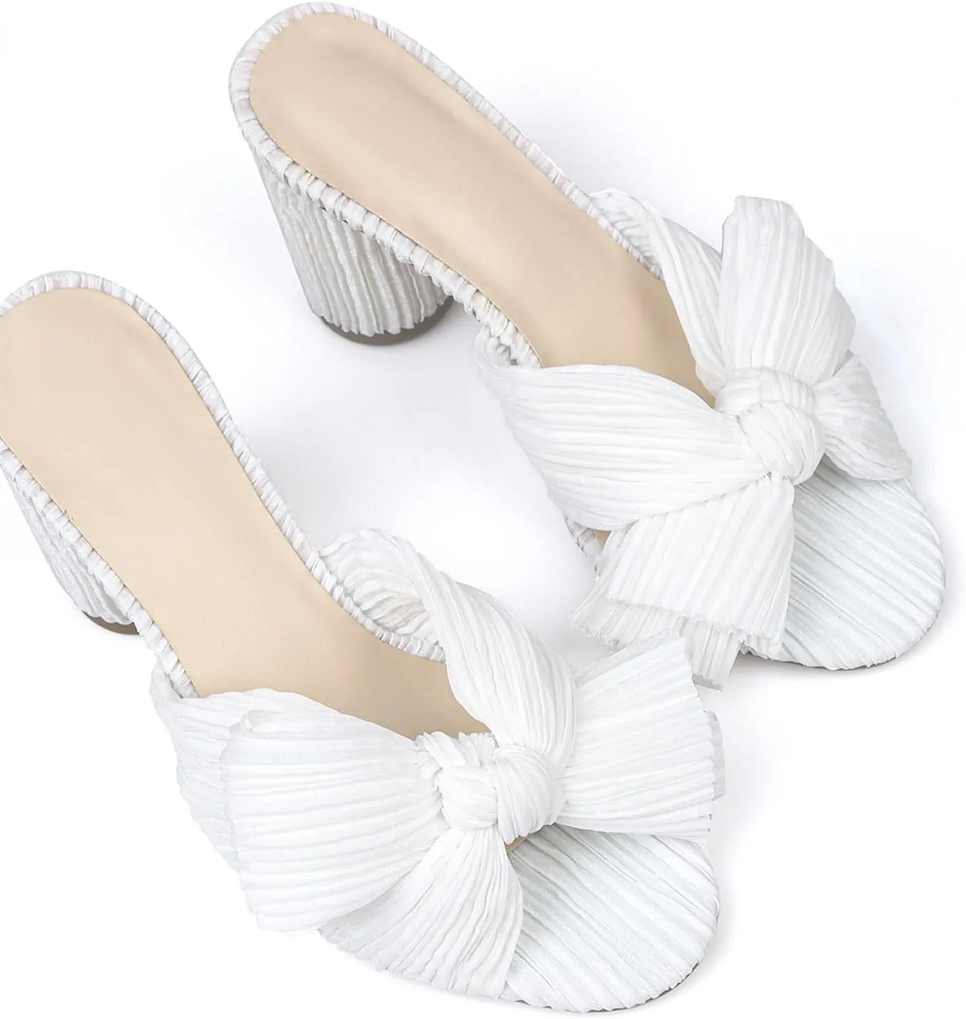 MICIFA Women's Bow Heeled Sandals Slip On Open Toe Block Chunky Heel Sandals Bride Wedding Dress Shoes